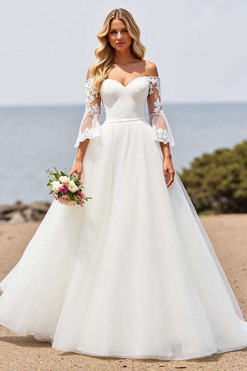 Ivory Off the Shoulder Tulle A Line Wedding Dress with Lace Appliques